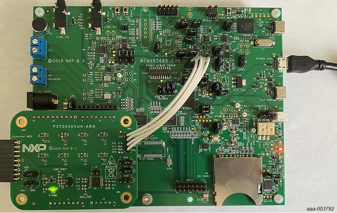P3T2030XUK-ARD Evaluation Board Connecting to the MIMXRT685-EVK MCU Board